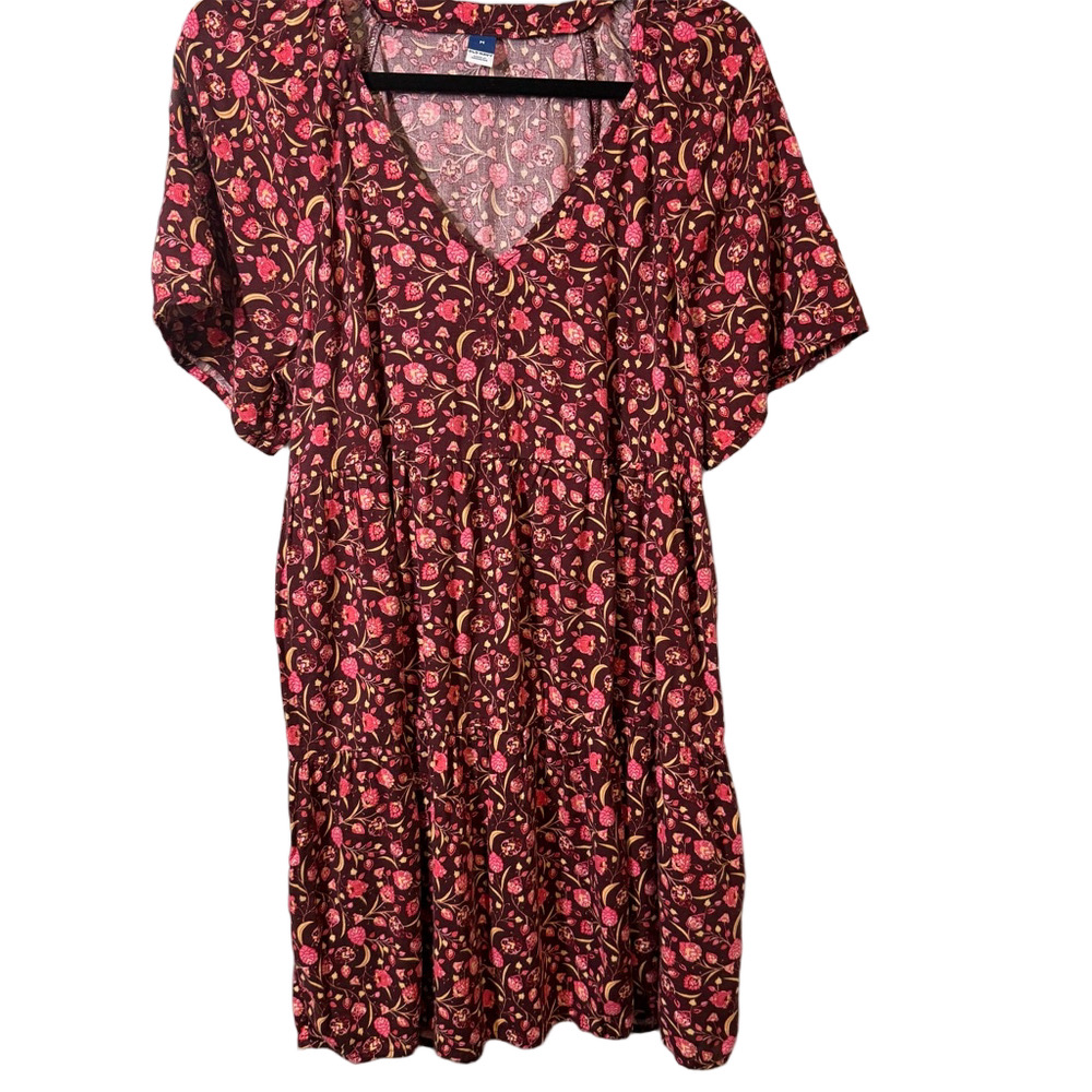 Old Navy Women’s Tiered Dress Size M Burgundy Pink Yellow Floral Short Sleeve
